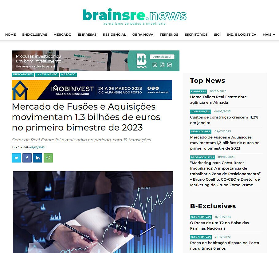 Mercado de Fuses e Aquisies movimentam 1,3 bilhes de euros no primeiro bimestre de 2023